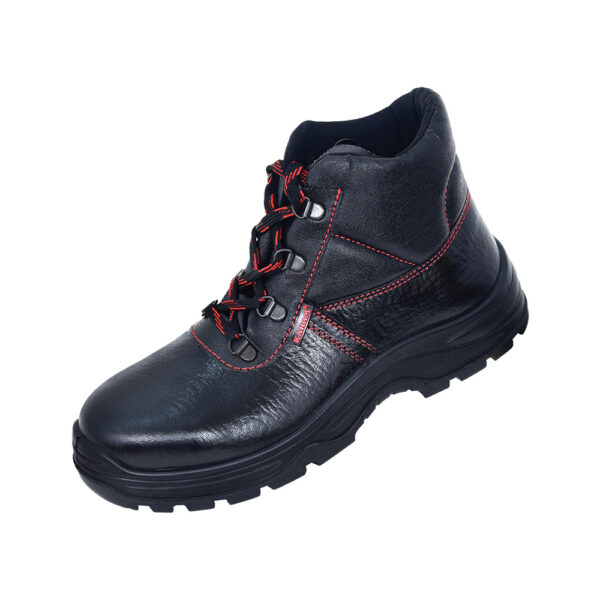 Workman Ankle Black Leather Red Stitched Safety Shoes With Nitrile Sole